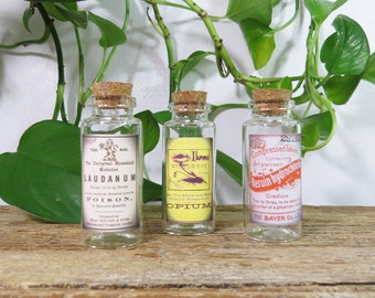 3 Apothecary Bottles - Small 3" Glass Bottles- Laudanum, Opium, Heroin REPLICA/ REPRODUCTION labels