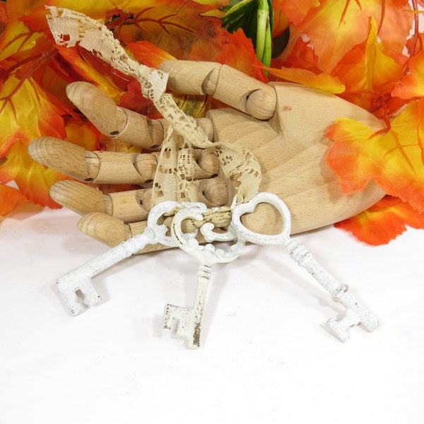 3 Shabby White Skeleton keys- Cast Iron decorative replica iron keys on vintage fabric 2.75" - 3.5" WK89