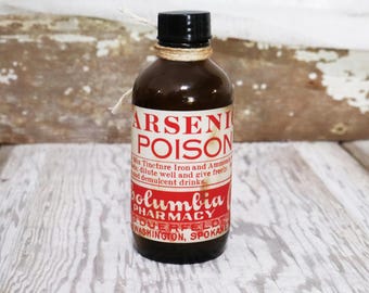 Replica Arsenic Apothecary Bottle | Reproduction Poison Label | Empty Amber Glass Bottle 4.5"