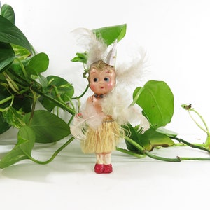 Vintage Celluloid Flapper Carnival Doll- 5" Flapper Kewpie with Feathers- Made in Japan