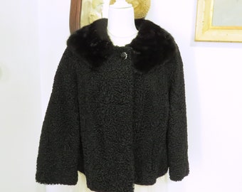 Vintage Lambs Wool and Fur Bolero Style Swing Coat (one button) XL 42" Bust 3/4 Sleeves