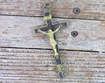 Memento Mori Brass Crucifix - Large Pectoral Cross-Brass & Wood Skull and Cross bones 4.25" x 2" Bucharest Flea Market Find