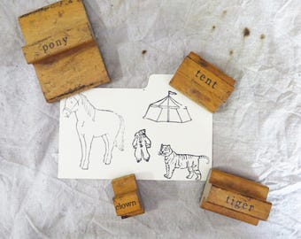 Vintage Circus Rubber Stamp Set | Pony Tiger Clown Tent | Carnival Ephemera
