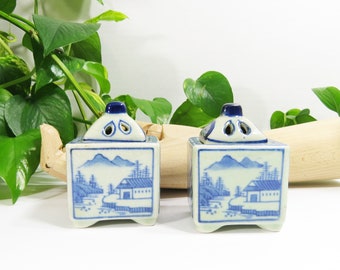 Celadon Incense Burner Vintage Asian Porcelain Celadon and Cobalt Blue  Small Incense Box 2.5" x 1.75" x 3" CHOICE OF ONE