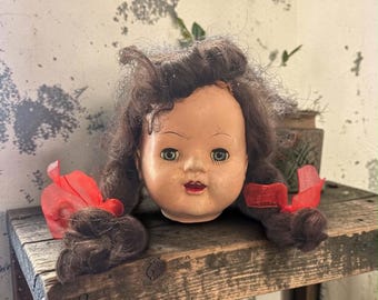Creepy Doll Head Plastic with Ponytails 5" Tall Blinky Eyes