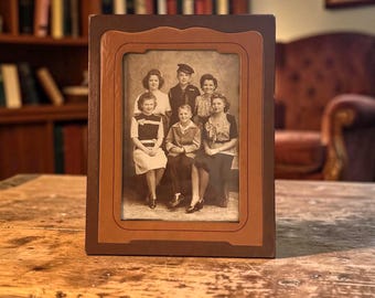 Vintage 1940s Family Portrait in Original Leatherette Easel Frame