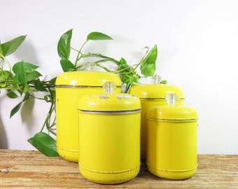 Kitchen Canister- Chippy Yellow Vintage Metal Canisters- Set of 4 Graduated Sizes 7"-10"