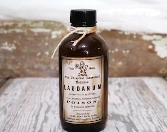 Replica Laudanum Apothecary Bottle | Reproduction Poison Label | Empty Amber Glass Bottle 4.5"