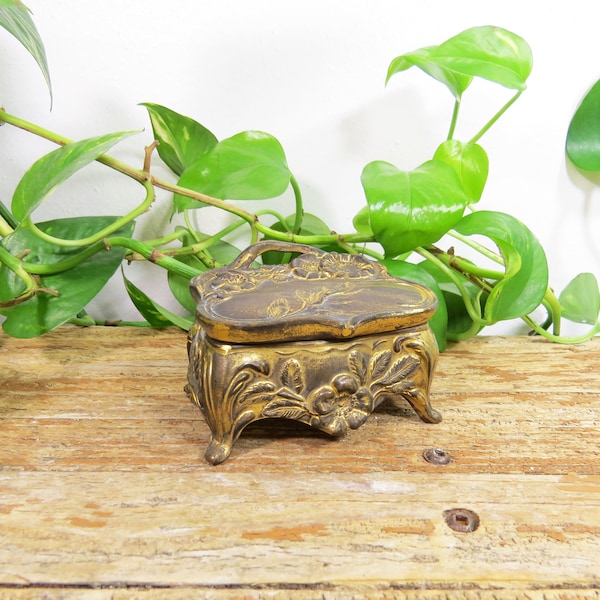 Antique Jewelry Casket- Victorian Floral Distressed 3.5" x 2.25"  footed Hinged Box