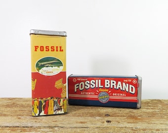 2 Fossil Watch Tins Circa 2000 Flip top 6.5" tall