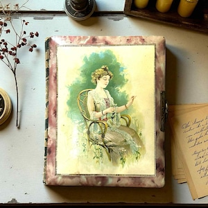 Victorian Celluloid Photo Album Woman with Daisies Brass Latch 10.5&quot; x 8.5&quot;