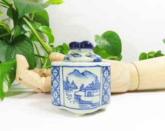 Celadon Incense Burner Vintage Asian Porcelain Celadon and Cobalt Blue Small Incense Box 2.5"