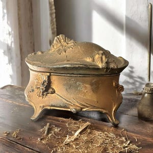 Victorian Jewelry Casket Floral Distressed Metal 3.75&quot; x 2.75&quot;