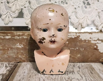 Antique Tin Doll Head with Blinky Eyes – 7” Distressed Metal Doll Bust – Creepy Primitive Doll Oddity