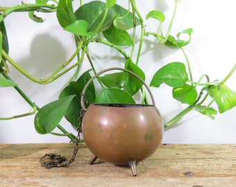 Copper Cauldron Hanging Planter Vintage Coppersmith 3.25" wide 12" with chain
