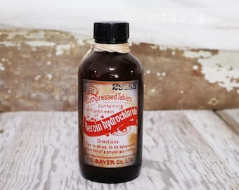 Replica Heroin Apothecary Bottle | Reproduction Poison Label | Empty Amber Glass Bottle 4.5"