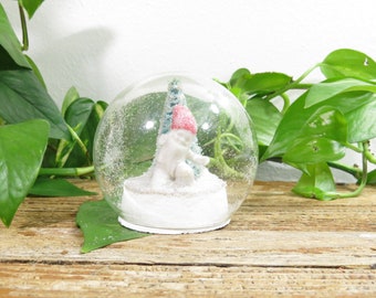 Christmas Gnome in Glass Globe with Christmas Tree 3" Antique German Dwarf