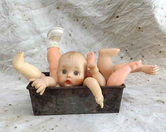 Creepy Doll Parts Lot | vintage Head, Limbs & arms in old loaf pan