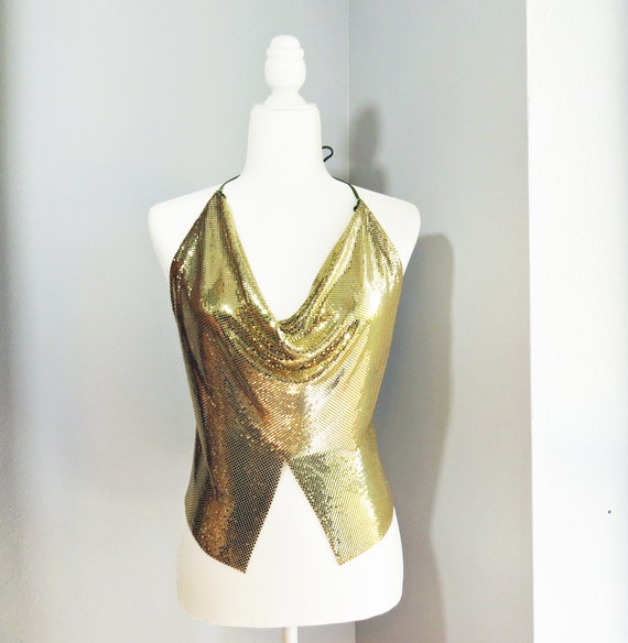 70's Metal Mesh Halter Top- Gold Mesh Vintage Halt