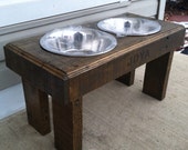 Recycled pallet dog stand pet feeding station with 2 brand new stainless steel bowls driftwood finish  21" L X 11" W X 14"t