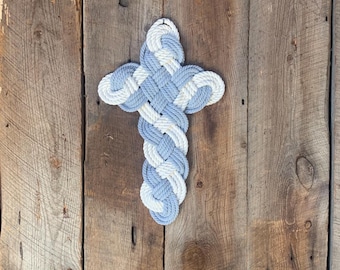 Handmade Rope Cross – Celtic Knot, Off-White and Gray Cotton Nautical Decor 14”x9” - tying the knot - Crosses