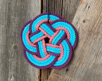 Nautical Turks Head Knot Ornament – Purple, Aqua, Pink Cotton Rope (6" Diameter)