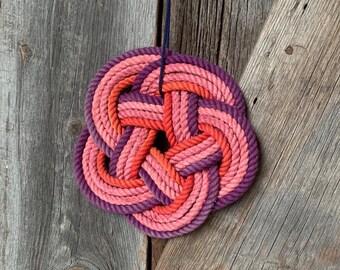 Nautical Turks Head Knot Ornament – Purple, Red, Pink Cotton Rope (6.5" Diameter)