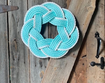 Turquoise Rope Wreath – Turks Head Knot Nautical Door Hanging (16” Diameter)