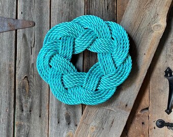 Rope Wreath Nautical Door Hanging Decor (16” Diameter) - Aquamarine with blue tracer wreath - Crab Rope Wreath