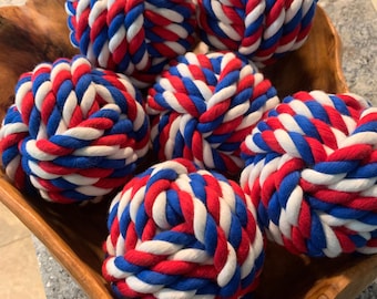 Red White Blue Cotton - 6 Monkey Fist Knots – Table Number Decor, Nautical Rope Balls - Tying the Knot - nautical event