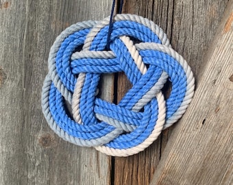 Nautical Turks Head Knot Ornament – Blue Gray Cotton Rope Christmas Decor