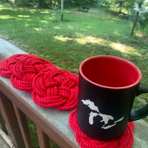 4 Coasters - Red Cotton Rope Coasters - nautical decor