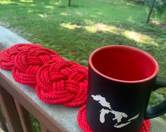 4 Coasters - Red Cotton Rope Coasters - nautical decor