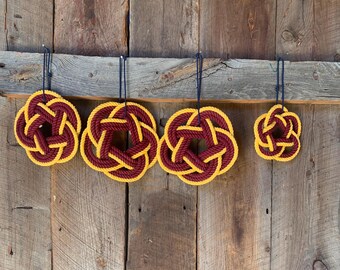 Nautical Christmas Ornaments – Turks Head Knots, Burgundy and Golden Yellow Cotton Rope
