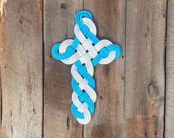 Cotton Rope Cross - Celtic Cross - Nautical Decor - 16” x 10” - (only one) Turquoise and Off White Cotton