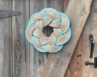 Rope Wreath - 15” diameter - Nautical Design - Door Wreath - Outdoor Wreath - Nautical Decor - (tan and turquoise) - Wreaths