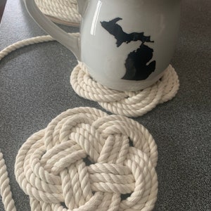 4 Coasters - Cotton Coasters - Nautical Gifts - Rope Knots - Turks Head Coasters - Off White - Nautical Decor - Coasters (this is for 4)