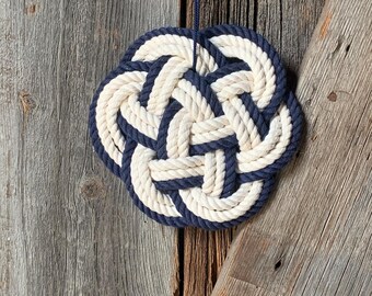 Nautical Turks Head Knot Ornament - Navy and Off White Cotton Rope Christmas Decor - Knots