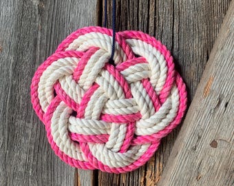 Nautical Turks Head Knot Ornament - Pink and Off White Cotton Rope Christmas Decor - Knots