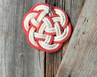 Nautical Turks Head Knot Ornament - Red and Off White Cotton Rope Christmas Decor - Knots