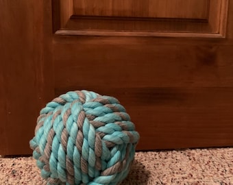 Handmade Nautical Doorstop – Monkey Fist Knot, Gray Aqua Rope, Over 3 lbs