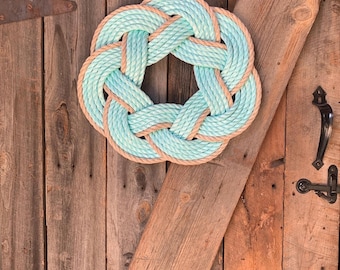Turquoise Tan Rope Wreath – Nautical Door Hanging 16” Diameter