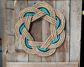 Handmade Nautical Rope Wreath – Manila, Black, Teal Accents – 22" Diameter Door Hanging