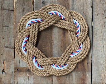 Handmade Nautical Manila Rope Wreath – Red White Blue Accents, Door Hanging Decor - Tying the knot - Rope Wreath