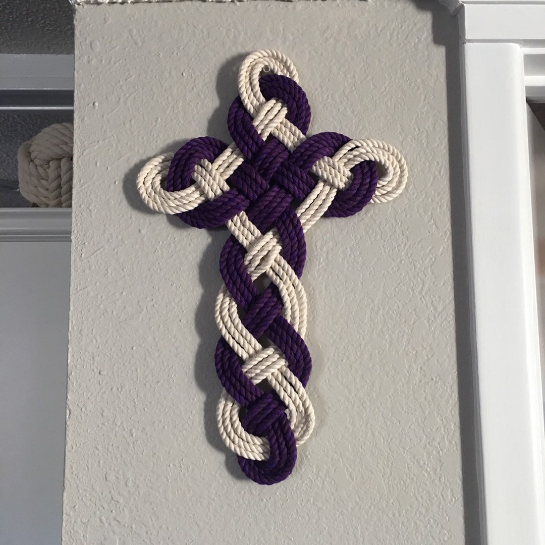 Rope Cross Tying the Knot - Celtic Cross - off White and Purple Cotton ...