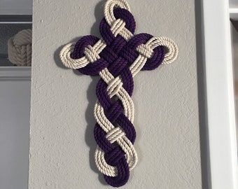 Rope Cross Tying The Knot - Celtic Cross - Off White And Purple Cotton - Rope Cross - Cross - Rope Art - 16” tall by 10 - free shipping