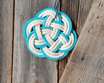Nautical Turks Head Knot Ornament - Turquoise and Off White Cotton Rope Christmas Decor - Knots