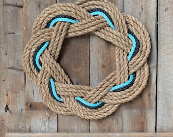 Handmade Nautical Rope Wreath – Manila, Black, Turquoise Accents (22” diameter )