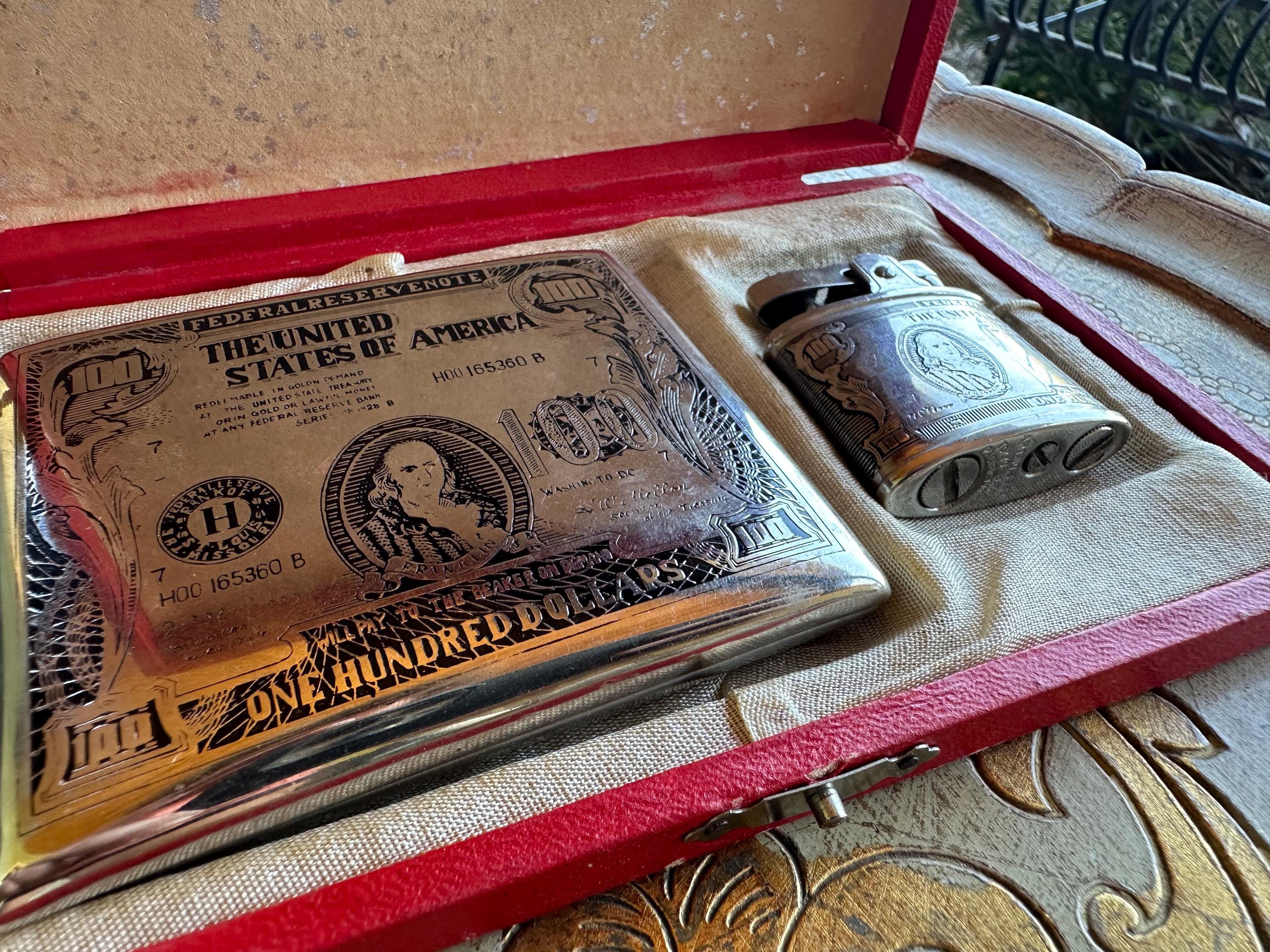 saigon silver cigarette price U.S. 100 Bill Cigarette Case With Matching 100 Bill Lighter — in Original  Box — circa 1940