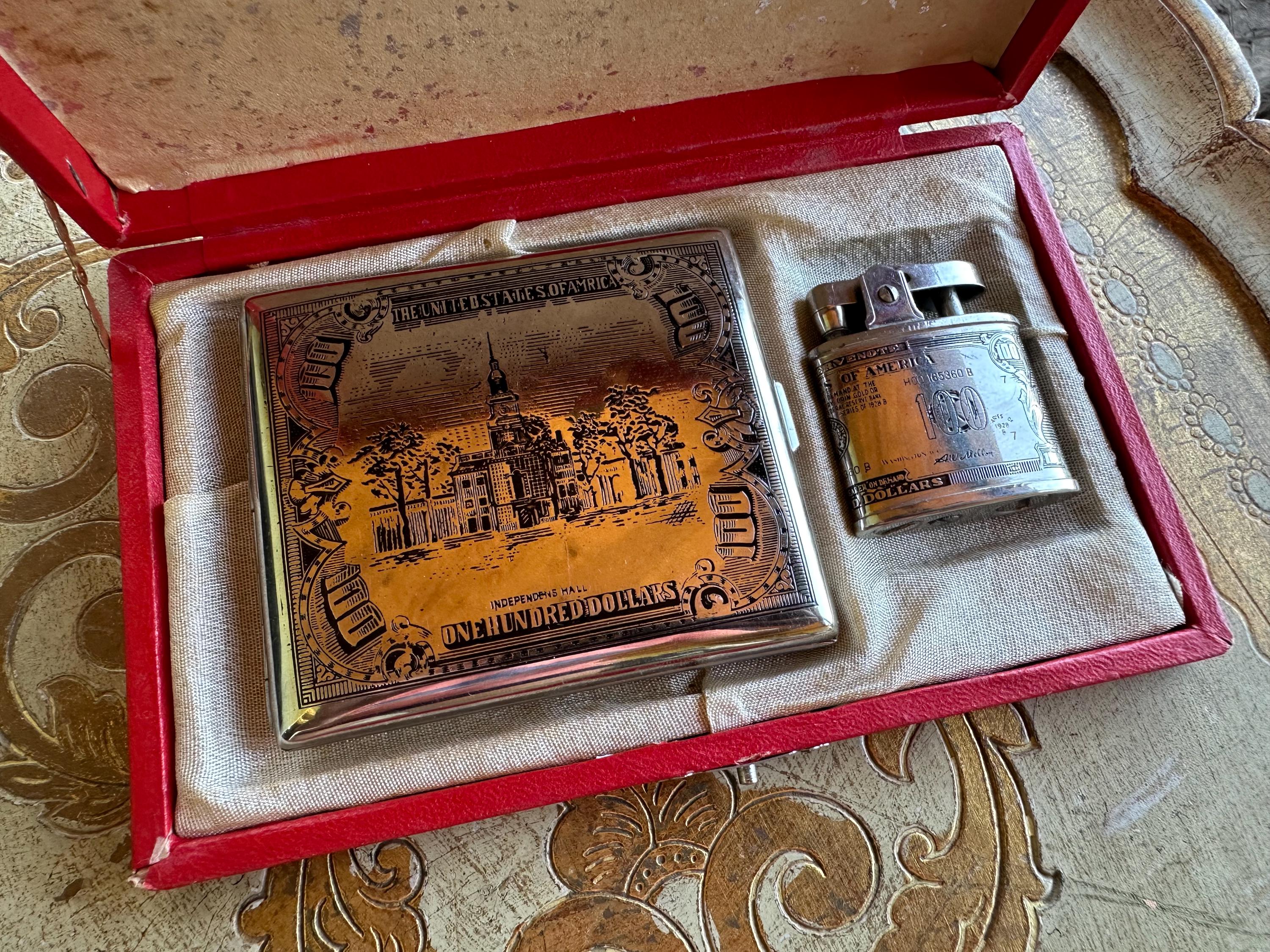 U.S. 100 Bill Cigarette Case With Matching 100 Bill Lighter — in Original  Box — circa 1940